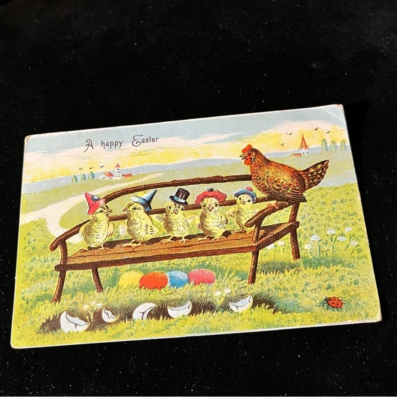 Vtg 1917 Postcard Anthropomorphic Chicks Rooster on Bench Colored Eggs Bucolic - Picture 6 of 9